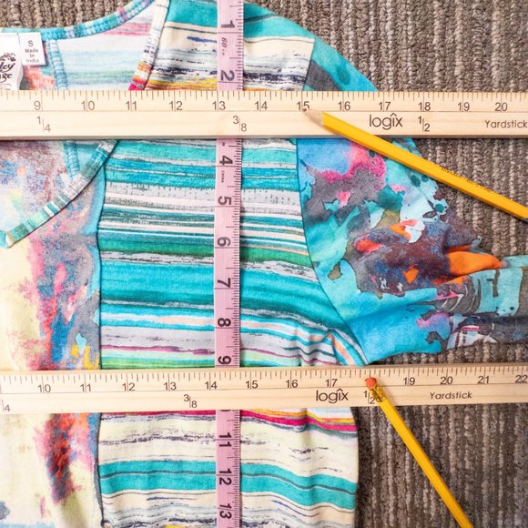 Parsley & Sage Size Small Top Blue Yellow Vibrant Abstract Print Artsy V Neck - Picture 10 of 11